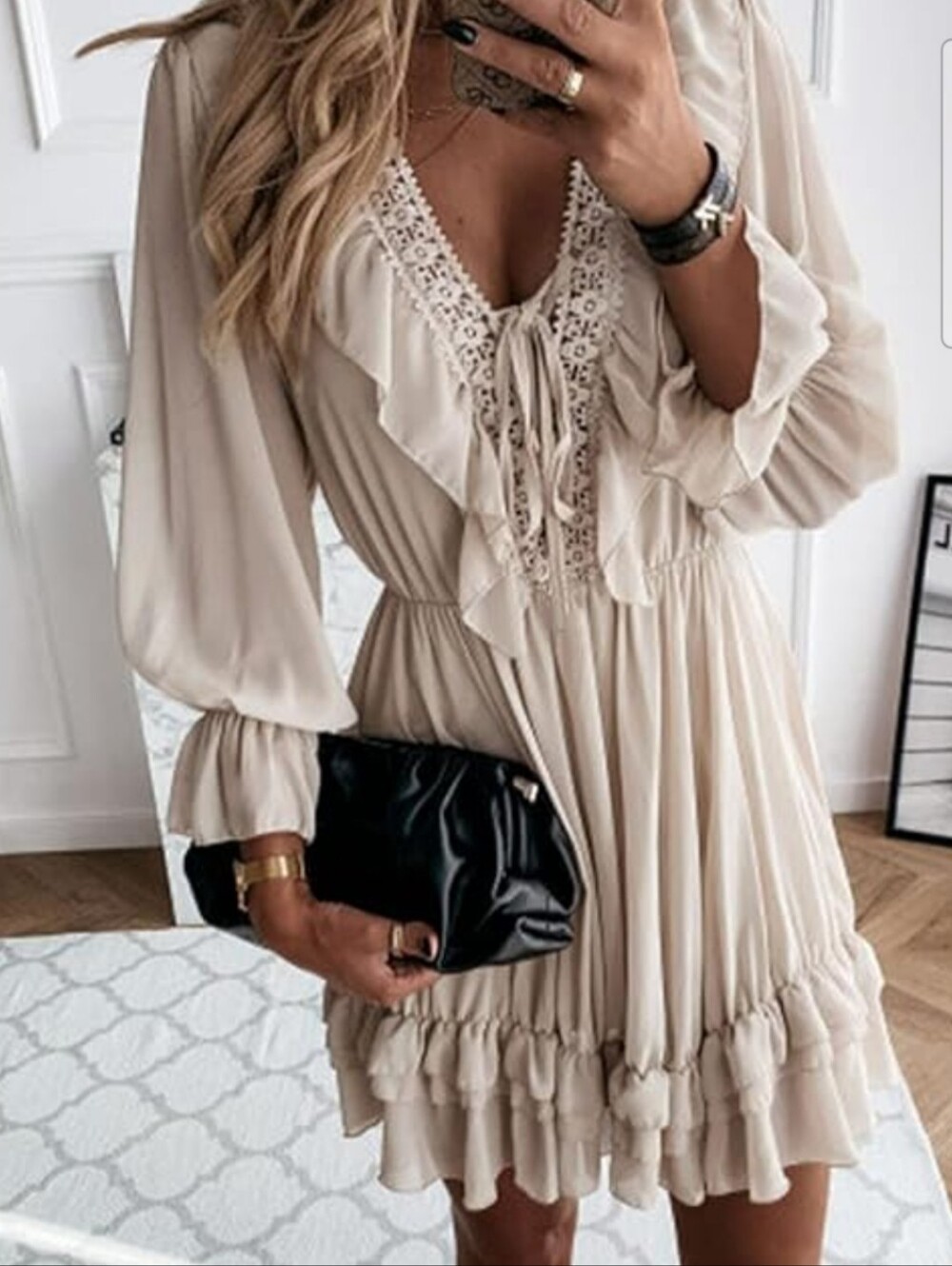 Women’s Cream Ruffle V-Neck Boho Dress